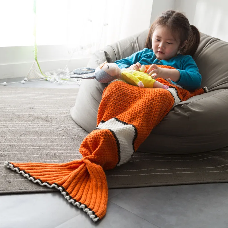70x140cm Handmade Crochet Portable Knitted Nemo Fish Mermaid Tail