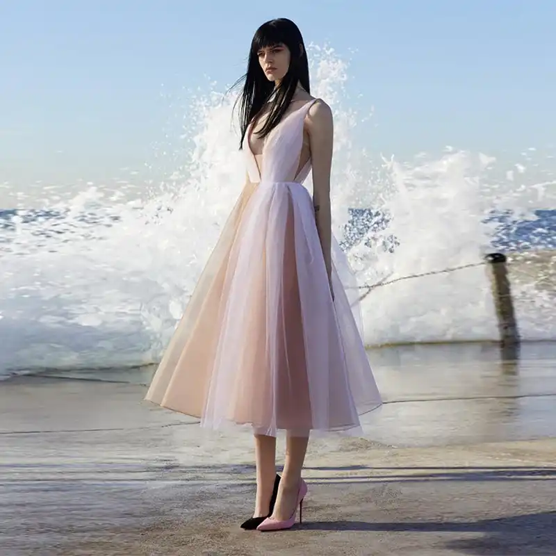 Verngo Simple Pink Tull Prom Dresses Short Ball Gown V Neck Prom