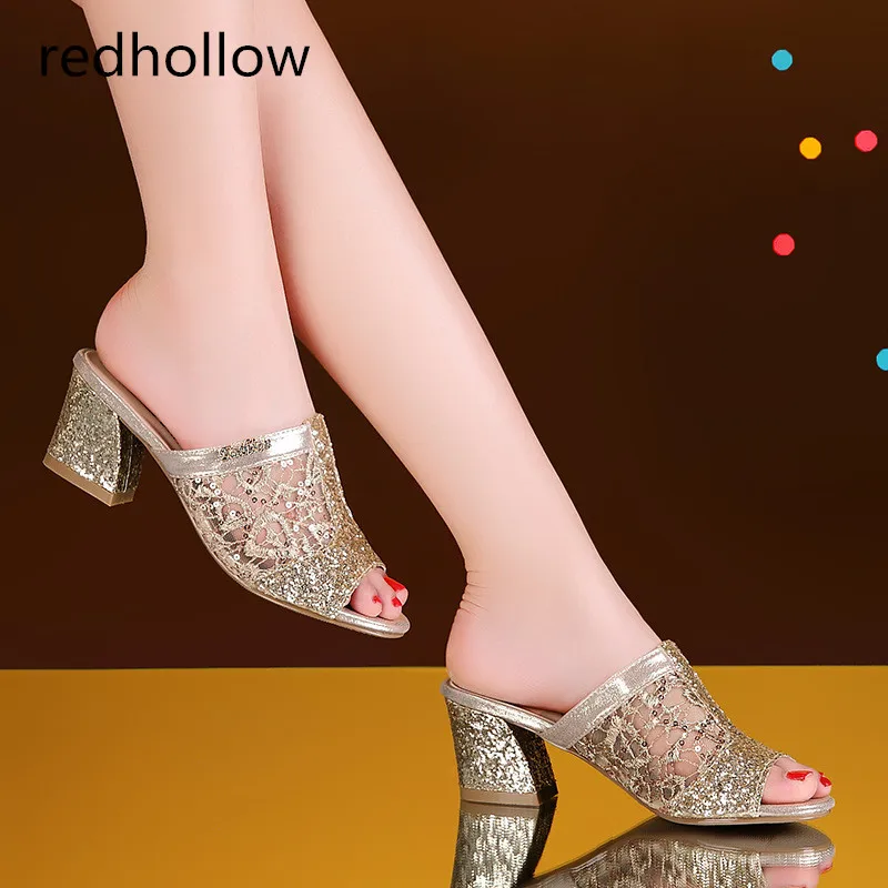

Women Sandals Sexy Bling High Heels Fashion Summer Square Heel Women Shoes Mesh Leather Slip On Sandalia Mujer Sliver Gold