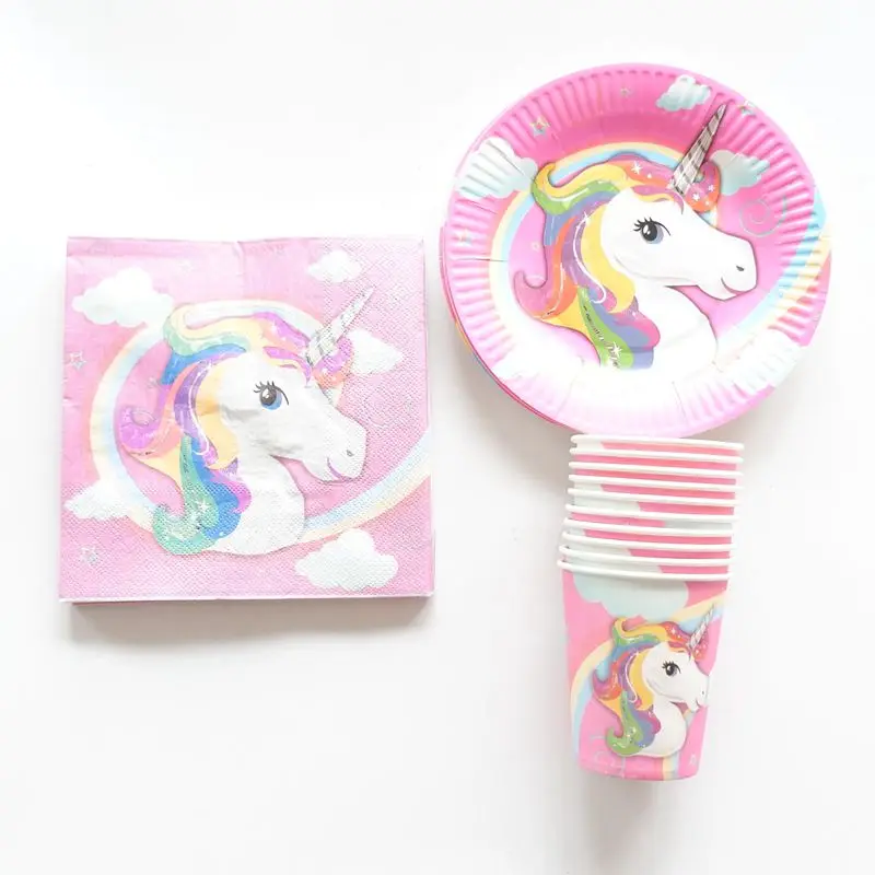 

40pcs/lot Cartoon Unicorn supplies paper plate + paper cups+ paper napkins for 10 people cartoon unicorn kids birthday party