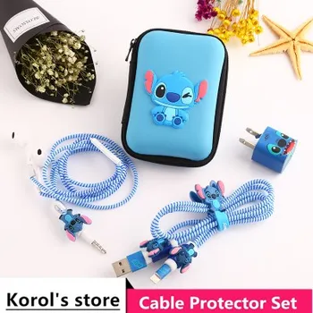 

Cute Cartoon USB Cable Earphone Protector Set With Earphone Box Cable Winder Stickers Spiral Cord Protector For iPhone 5 6 7 8