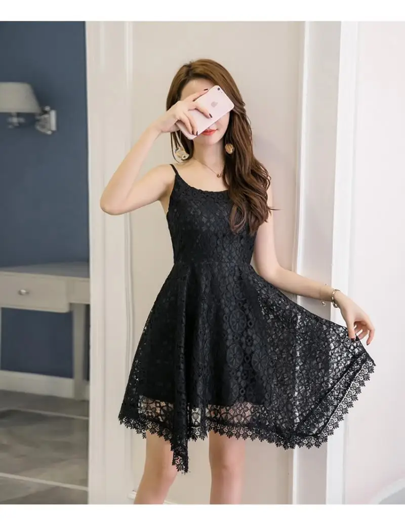 2018 New Hollow out lace dress women elegant spaghetti strap white lace sling dress vintage sleeveless black crochet dresses