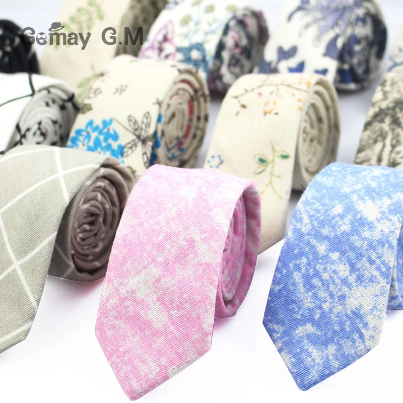 Fashion Neck Tie For Men Floral Linen Ties for Wedding Party Print Narrow Neckties Casual Mens Retro Neckwear Male Cotton Ties