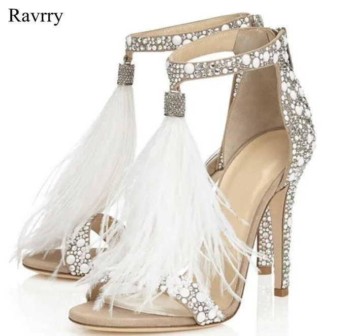 

Ravryy White Sparkling Crystal Feather Open Toe Pumps Beautiful Bridal Wedding Shoes Shallow Buckle Strap High Heels