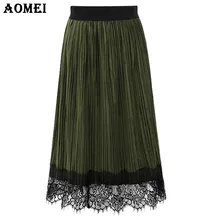 Зеленая плиссированная юбка с высокой талией и кружевной отделкой, винтажный стиль для женщин, модная бархатная одежда серого цвета для девочек до середины голени Jupe