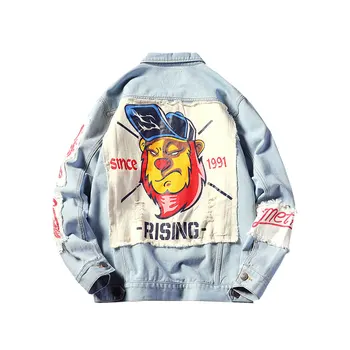 

Spring & autumn Street Fashion Jacket for Man with Patch Design Retro Print Denim Jacket Plus size Hip Hop Coat for Men Garments