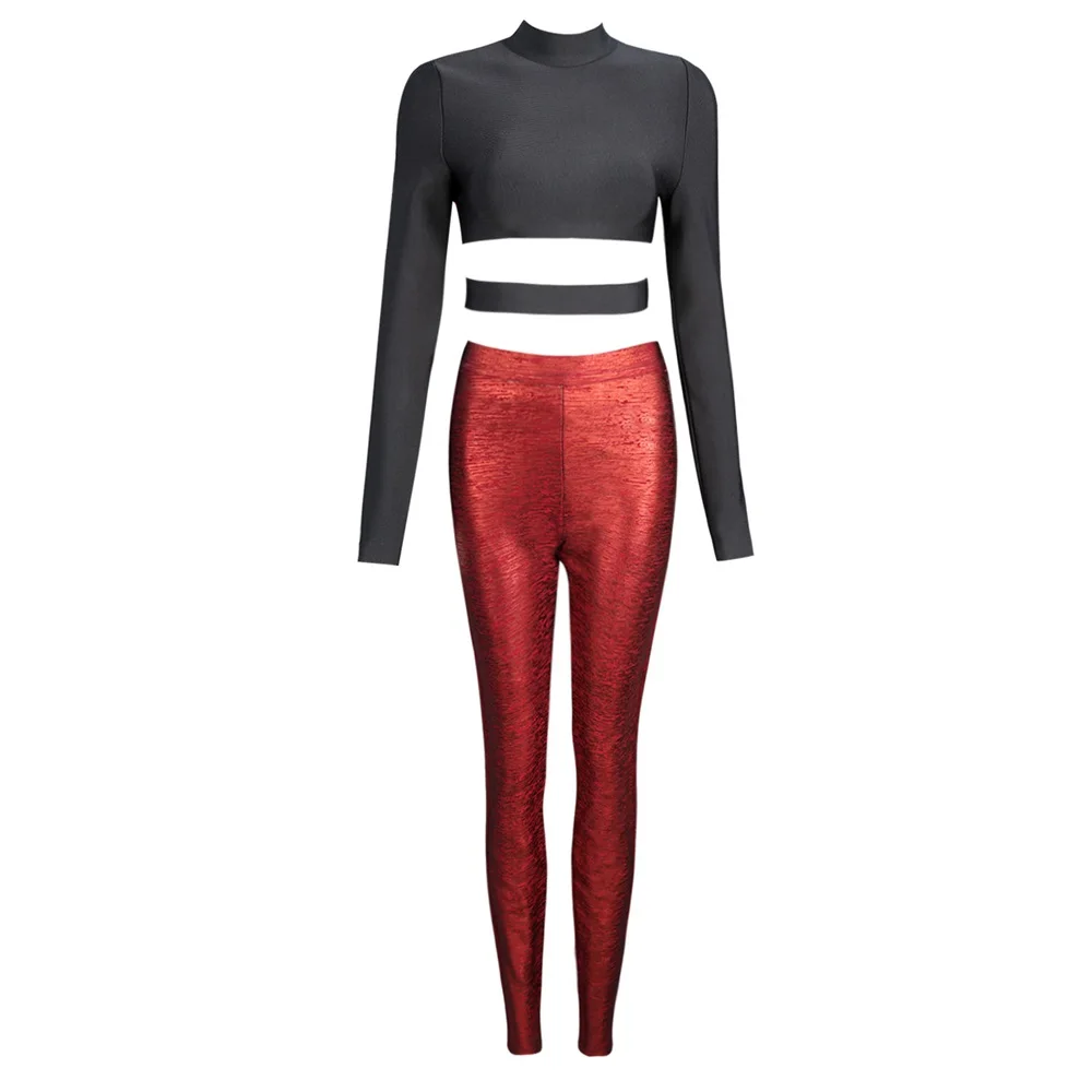 

Wine Red Bronzing Pants + Long Sleeve Tops Hot Set Sale Bandage Dress Set In American Bodycon Dresses Product
