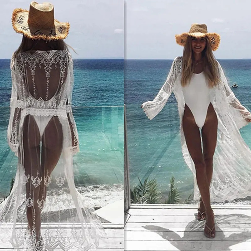 ZAFILLE Robe De Plage женское Бандажное парео кружевное Сетчатое лоскутное бикини накидка