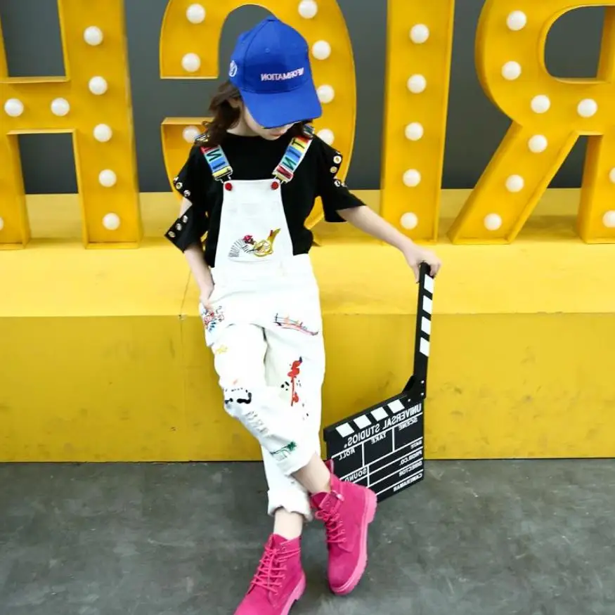 

Girls denim jumpsuits spring autumn fashion Graffiti print pattern overalls for children kids loose trousers ws471