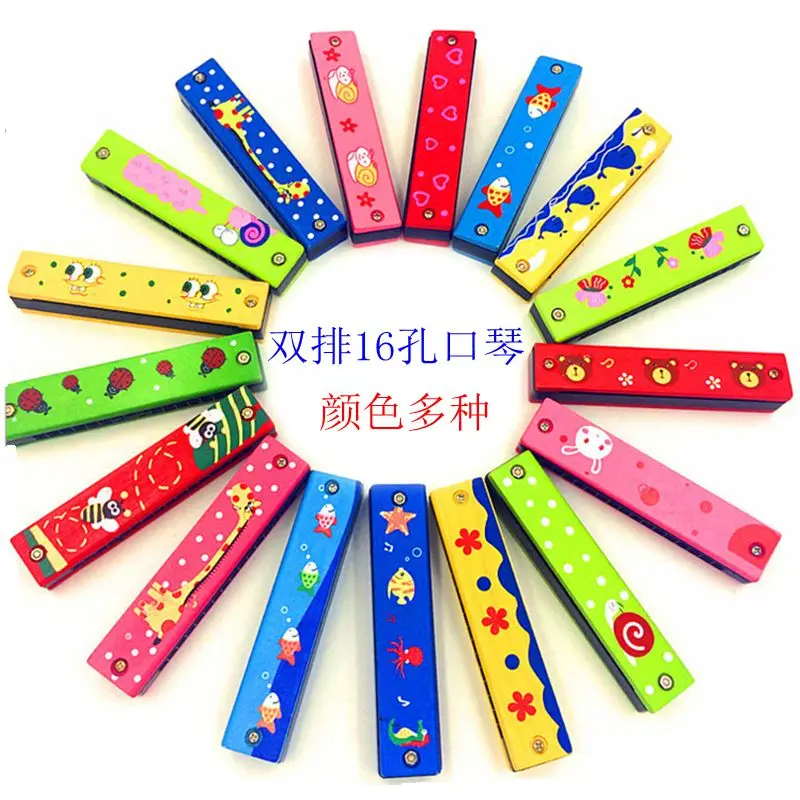 Мультяшная деревянная Губная гармошка с 16 отверстиями для детей, Детский музыкальный инструмент, развивающая музыкальная игрушка разных цветов
