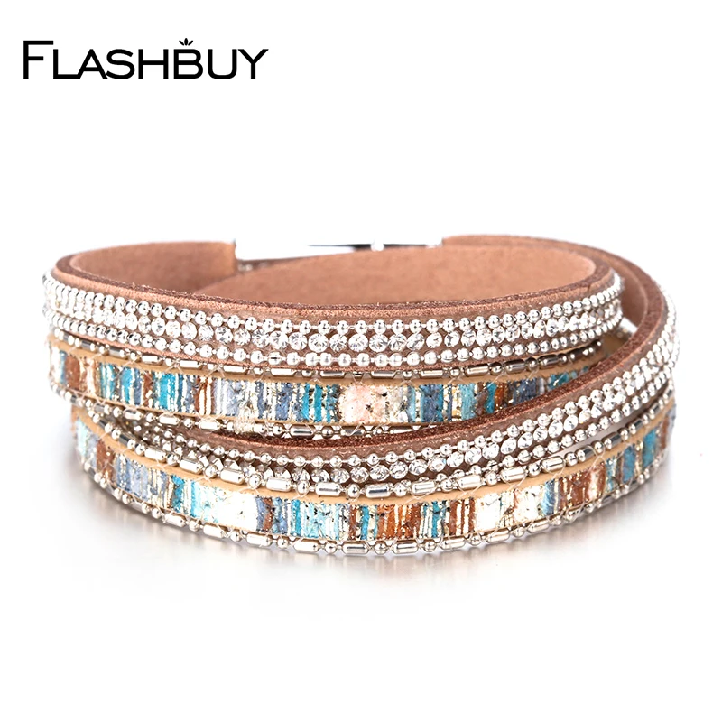 

Flashbuy Multilayer Leather Bracelet For Women Jewelry Rhinestones Alloy Charm Leather Multilayer Bohemia Wrap Bracelets