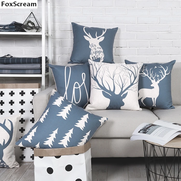 

Blue Throw Pillows Blue Nordic Decorative Pillows Cases Geometric Cushion Cover Home Decor Gray Deer Linen Pillowcase for sofa