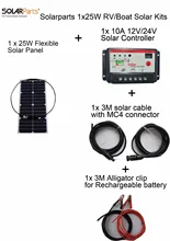 Solarparts 1x25W DIY RV/Boat Kits Solar System 1 x25W flexible solar panel 1x 10A solar controller 1 set 3M MC4 cable 1 set clip