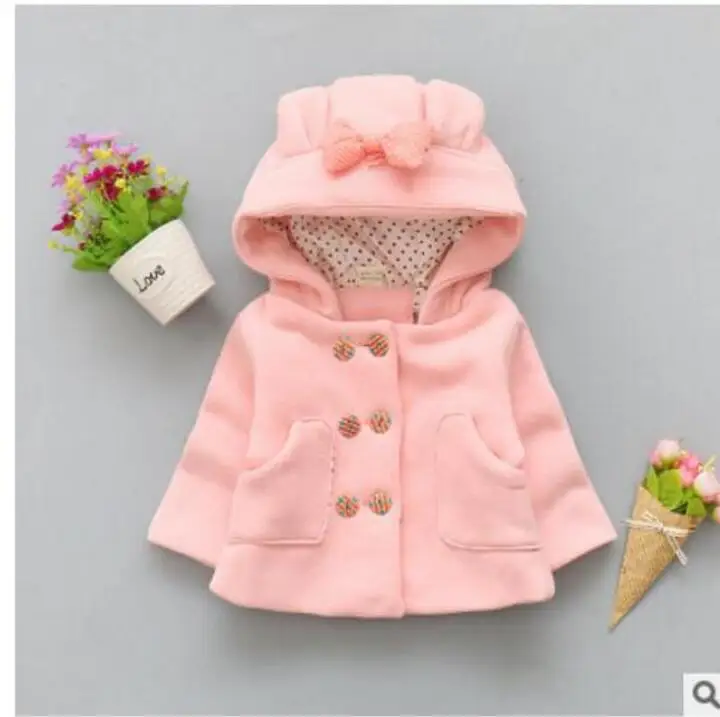 Новинка года, весенне-осеннее хлопковое пальто для маленьких девочек Толстая двубортная куртка с капюшоном и бантом для детей от 0 до 2 лет, бренд - Цвет: Розовый