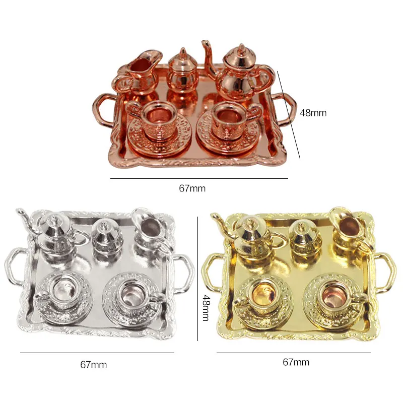 1:12 Doll House Furniture Miniature Tableware Toys 8 Pieces Metal Tea Set Teapot Cup Plate Length 6.5 Cm