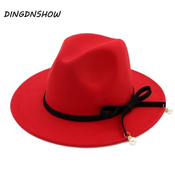 

[DINGDNSHOW] Elegant Fedora Hat Bowknot Wool Wide Brim Felt hats Ladies Warm 2019 Winter Cap for Women