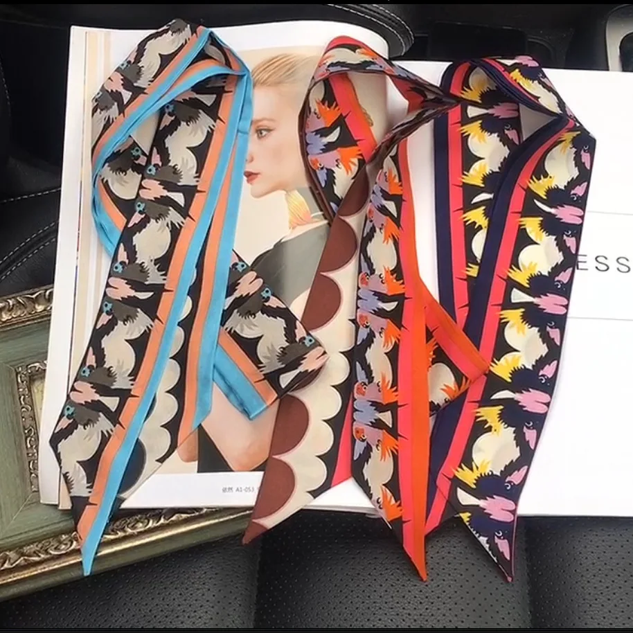 

NEW Bird Print Long Riband Scarves Bags Scarf Ribbon Multi-function Choker 100% Pure Silk Fashion Accessories Scarfs ZSBD187