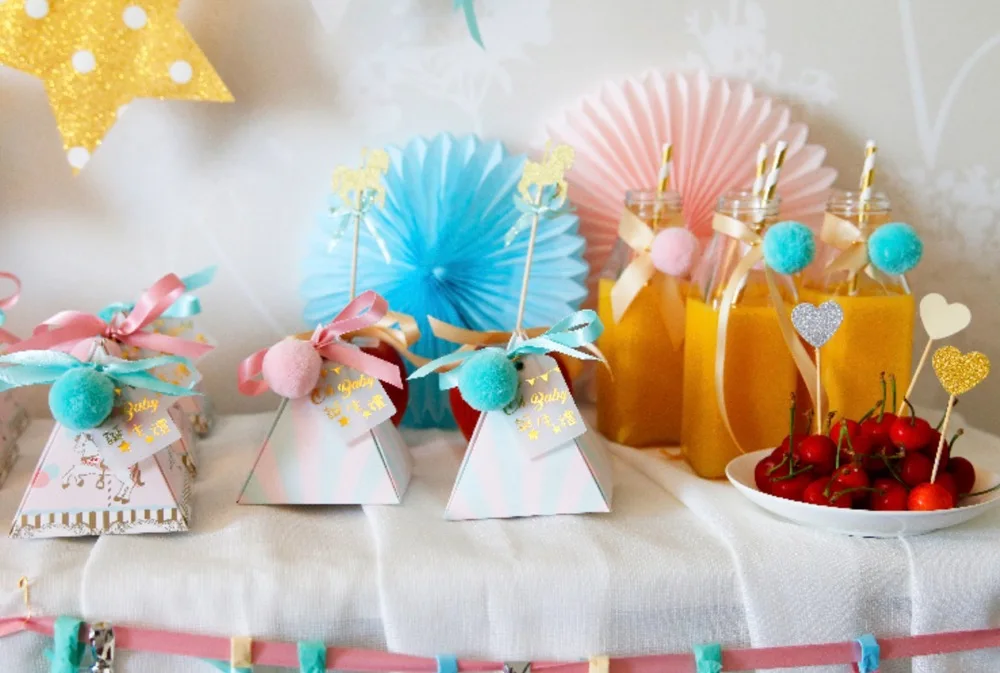 Новые Треугольные крестины Baby Shower синий/розовый мультфильм лошадь конфеты коробки с лентой& Бирки& шары крещение вечерние коробки подарка