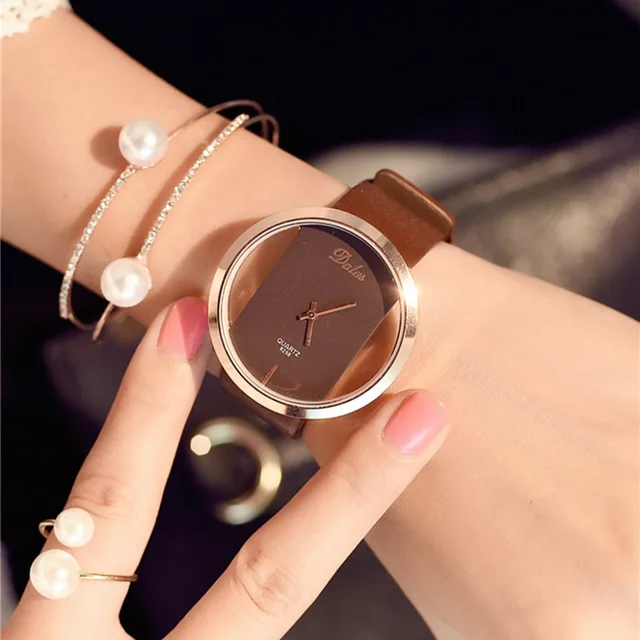 Womens Leather Skeleton Strap Watch - Brown