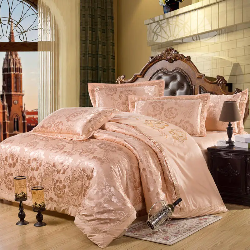 Waliicorners Comfy Bedding Froral Jacquard Satin and cotton King Queen size 4-pieces Bedding Set Luxury, Gray Golden Bedsheet/Fitted shet set 13 235