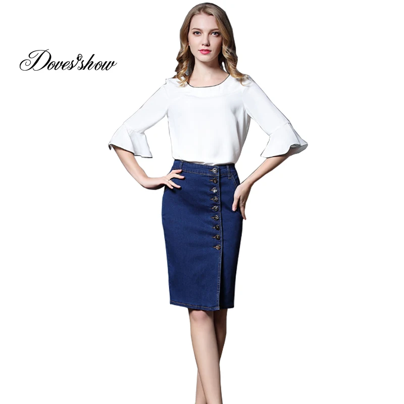 High Waist Denim Skirts Women Knee length Sheath Plus Size Patchwork