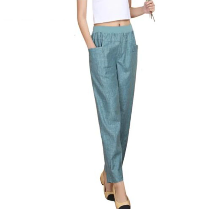 

2019 Summer Women Linen Harem Pants Middle-aged Lady Elastic Waist Loose Casual Pants Plus Size 4XL Pocket Thin Female Trousers