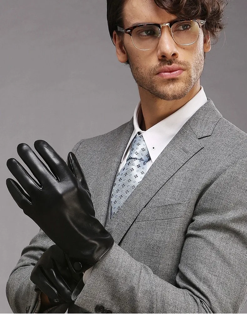 Мужские классические черные кожаные перчатки с сенсорным экраном, теплые модные зимние перчатки из натуральной козьей кожи, перчатки для вождения с пятью пальцами M001NC2