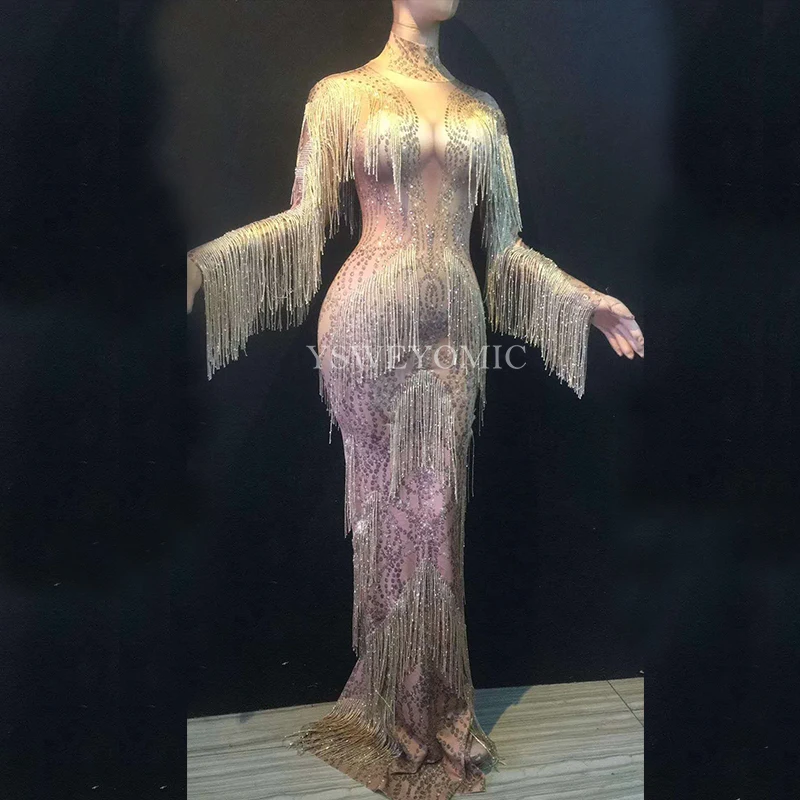 

One Piece Gold Rhinestones Fringes Party Dress Stage Wear Big Stretch Dress Singer Evening Performance Tassel Long Dress