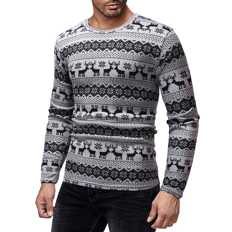 HEFLASHOR Classic Christmas Print Sweater Men Fashion O Neck Long Sleeve Pullover Men Casual Striped Pull Homme Knitted Sweaters