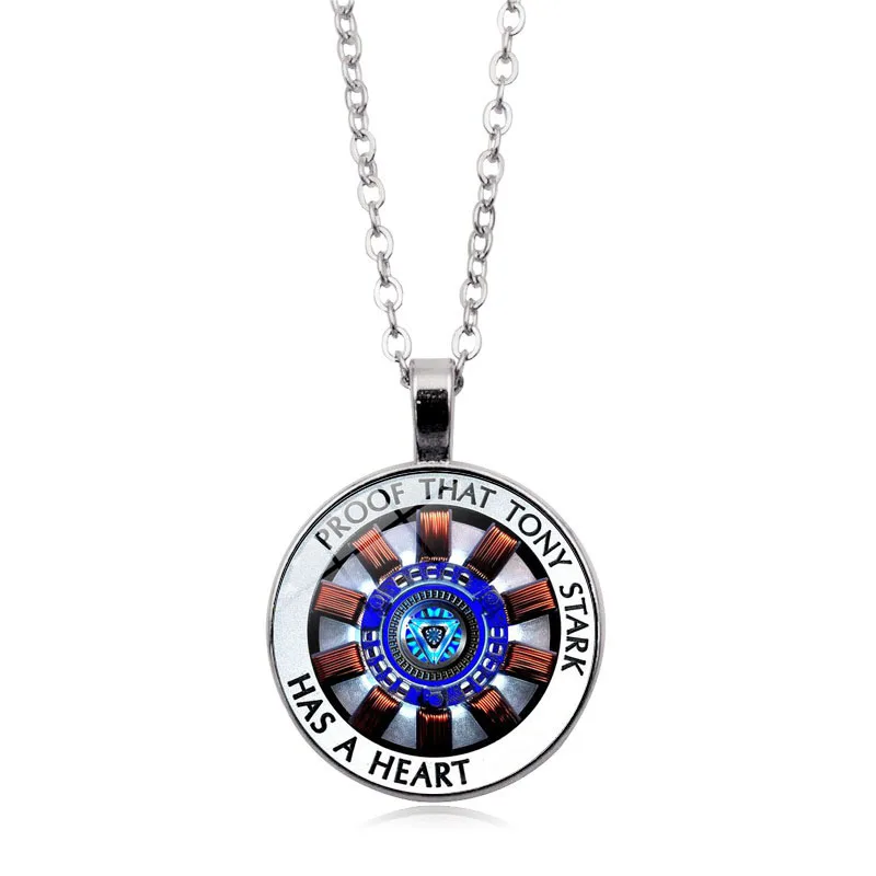 

That Tony Stark Has A Heart Necklace Iron Man Arc Reactor Pattern Crystal Glass Round Pendant Necklace Women Jewelry Souvenir