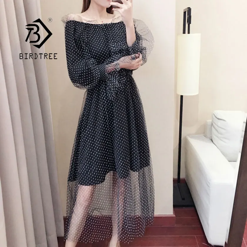 

2019 New Summer Women's Print Dot Mesh Loose Dress Slash Neck Wrist Sleeve High Waist Lady Bohemian Vestido Hot Sale D94623Z