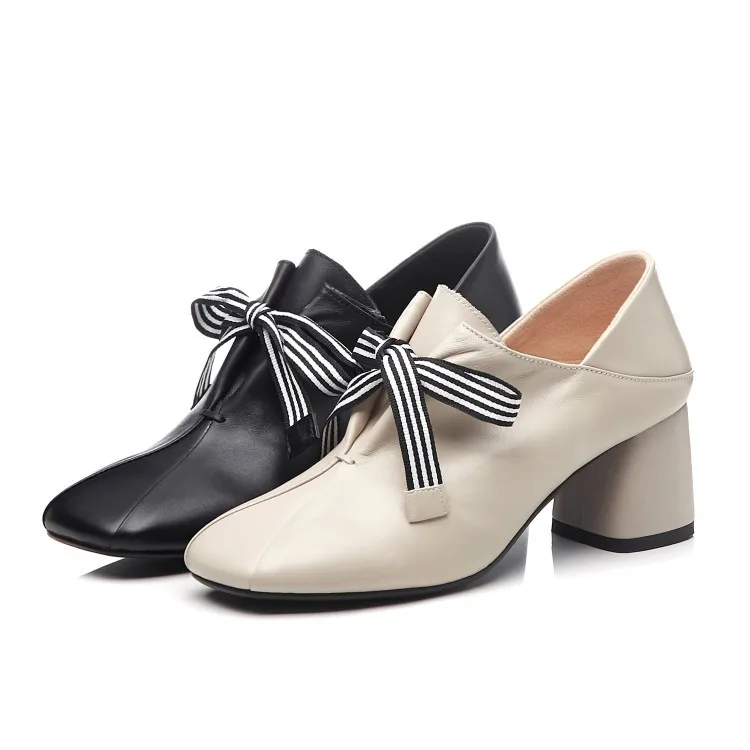 PXELENA/туфли-лодочки из натуральной кожи; женская обувь на высоком массивном каблуке; модельные туфли; элегантные туфли с бантом; мягкие удобные туфли; размера плюс