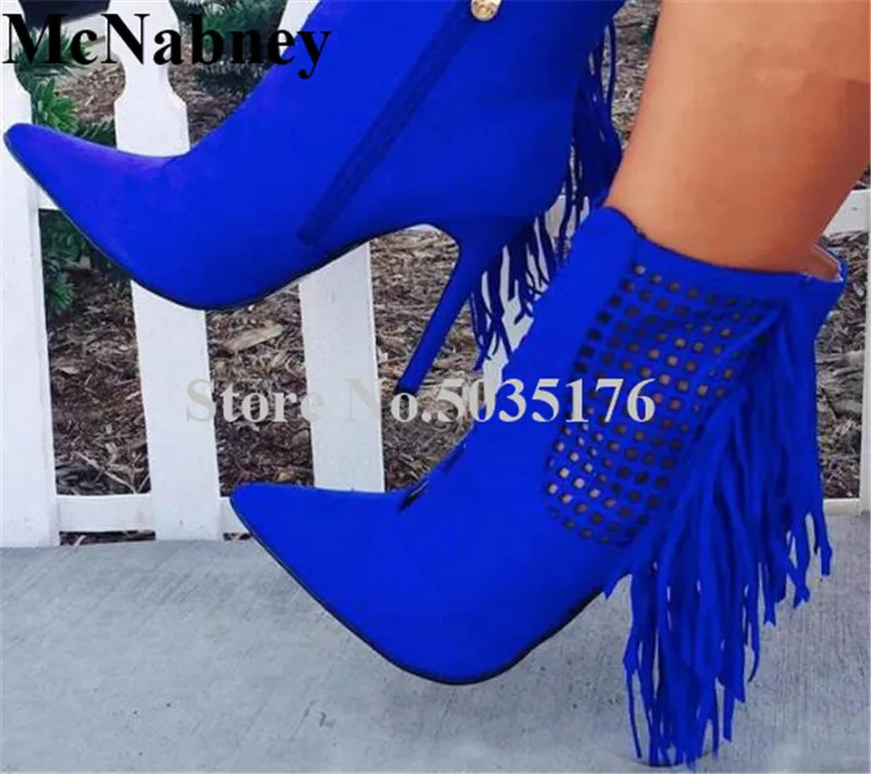 

2019 European Fashion Sexy Flock Solid Fringe Hollow Pointed Toe Stiletto Heel Zip Ankle Short Boots Spring/Autumn Women Shoes