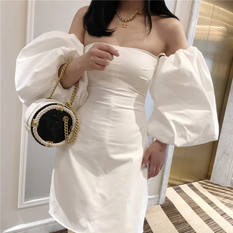 

DEAT 2019 new summer fashion women clothing Close slash collar lantern sleeves off the shoulder mini length sexy dress WG28900L