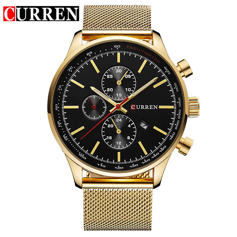 Новинка CURREN часы Роскошные Лидирующий бренд мужские часы полностью стальные Модные Кварцевые Часы повседневные мужские спортивные наручные часы с датой Relojes - Цвет: golden black
