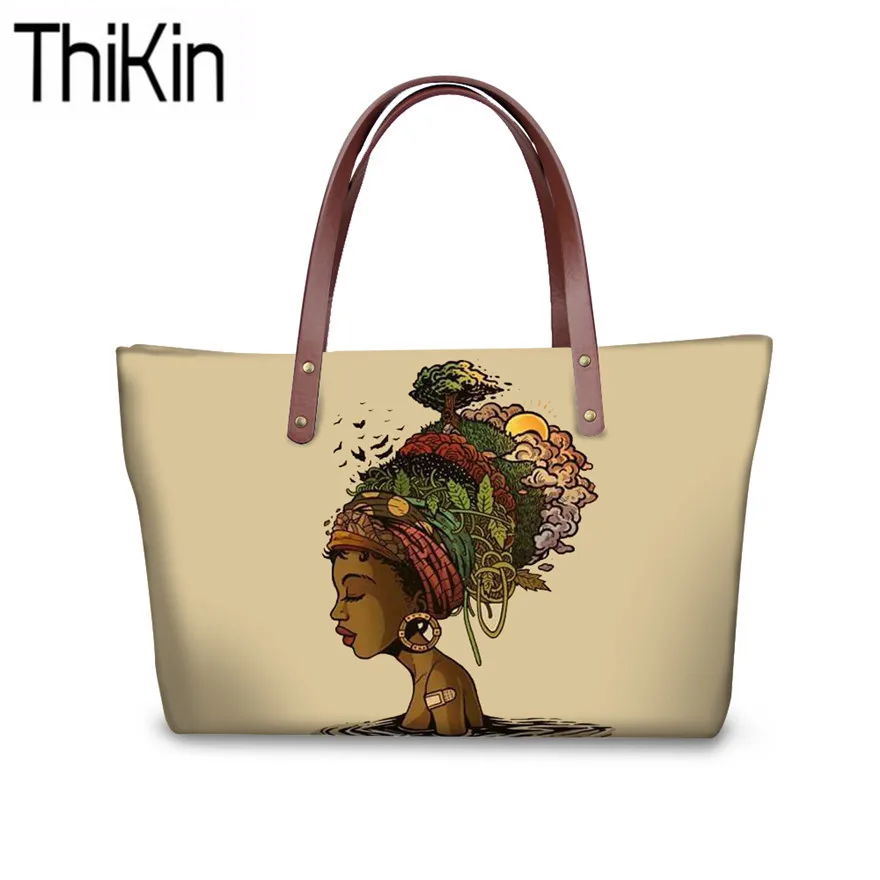 THIKIN السفر أعلى-حقائب بيد للنساء كبيرة قدرة حقيبة كتف الأسود الفن الأفريقي الفتيات الطباعة اليد حمل أكياس المؤنث