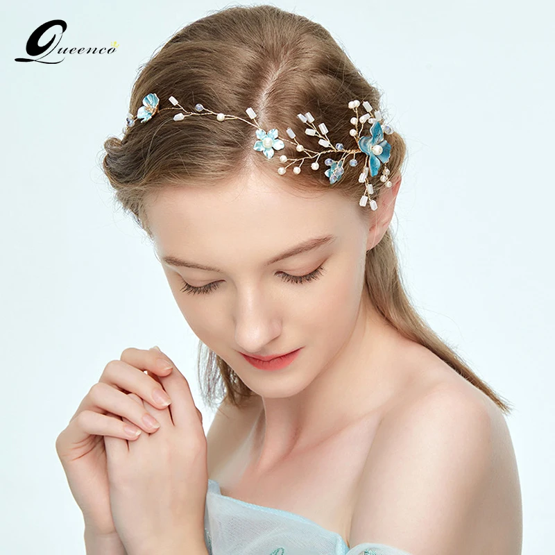 

Queenco Blue Flower Headbands Crystal Wedding Hair Accessories Bridal Headpiece Bridesmaid Hair Jewelry Women Ornaments