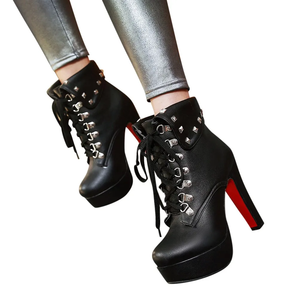 

YOUYEDIAN bottines femme 2019 Solid Metal Rivet Thick Super High Heel Ankle Boots Round Toe Shoes boots femme fourrure hiver#G30