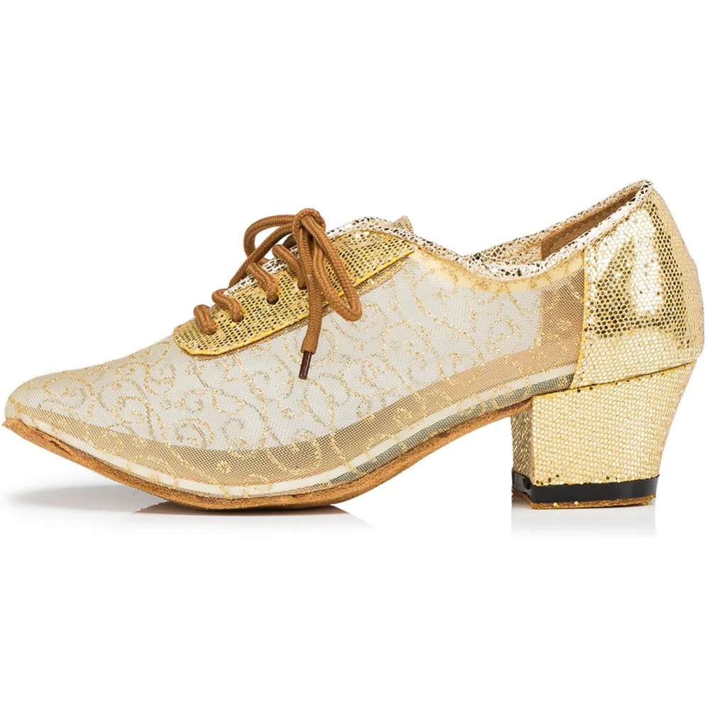 Chaussures marron or Talon Lacent Latine Loslandifen Salle De Or Carré Bal Salsa Danse Femmes Dentelle Respirant Glitter 5 Cm Pompes Noir wfHSq0w