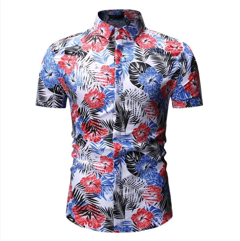 Красный MOGU летние мужские короткий рукав пляжные блузки Смарт Повседневное Азиатский Размеры 3XL Гавайский цветочные рубашки 2 цвета новое поступление - Цвет: Красный