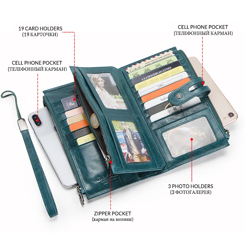 Женские кошельки из натуральной кожи на молнии, кошелек для монет, женский длинный клатч, сумка для денег, для мобильного телефона, большая емкость, Carteira