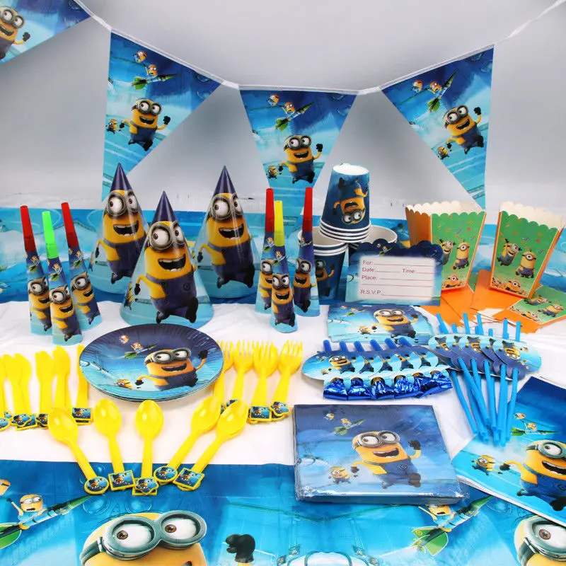 

145pcs/lot Cute minion Children Birthday Party Decorations Kids Evnent Party Supplies Birthday Tableware Sets Party Favors