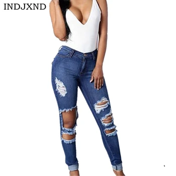 

INDJXND Plus Size Super-elasticy Holes High Waist Jeans Cool Pencil Pant Ripped Jean For Women Skinny Personality Denim Pants