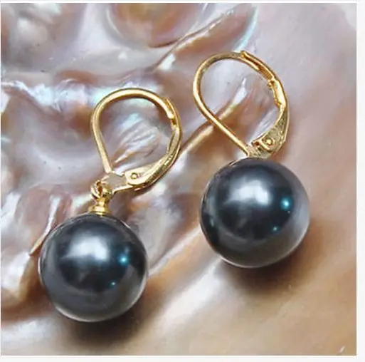 

charming a pair 10-11mm tahitian black round pearl earring14KGP