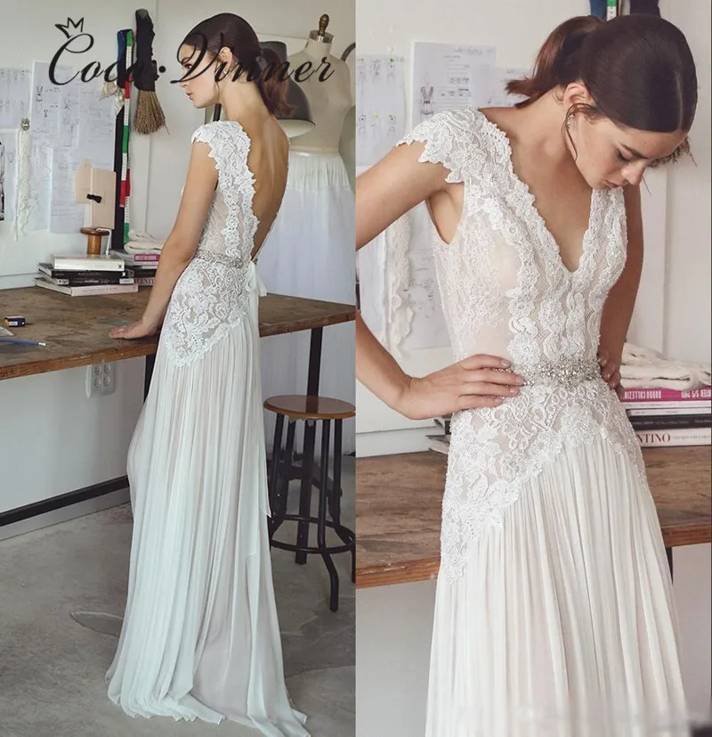 

Backless A line Boho Wedding dress 2019 Sleeveless Crystal Sashes Sweep Train Pearl beading Chiffon Beach Wedding Dresses W0245