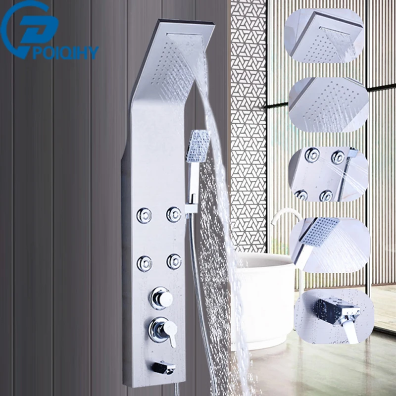 

Brushed Nickel ORB Finish Waterfall Rainfall Shower Panel Massage Jets Column Hand Shower Tub Spout Shower Tower