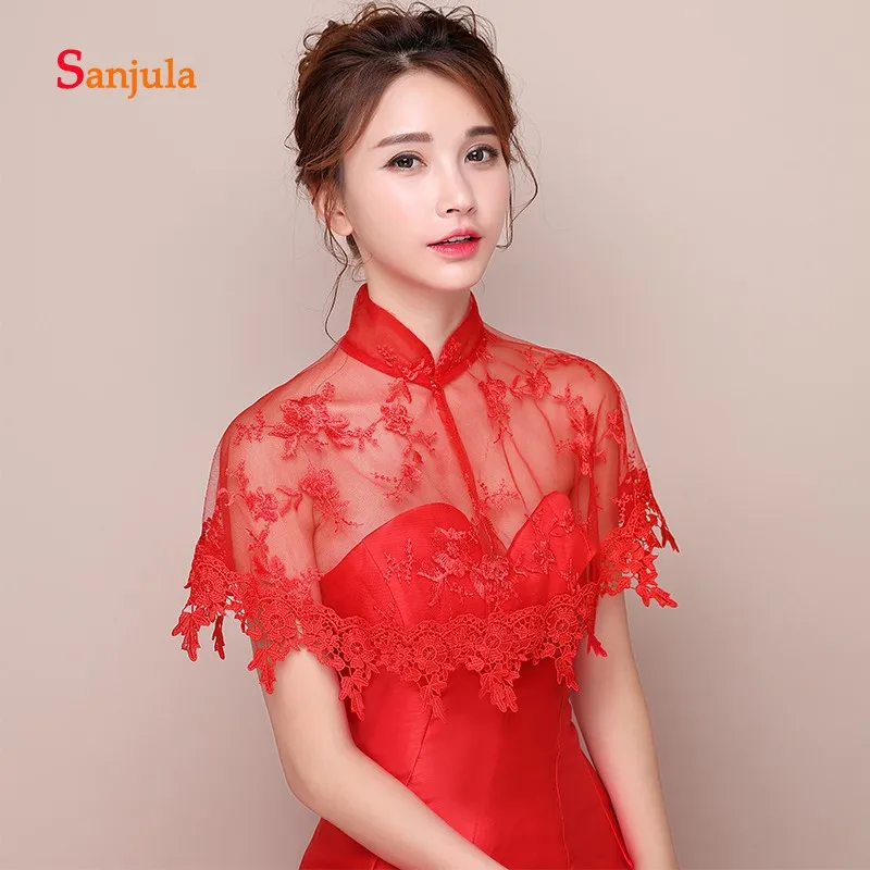 

Red Lace High Neck Wedding Bolero Appliques Elegant Women Dress Jacket Accessories Bridal Wraps capa novia W09