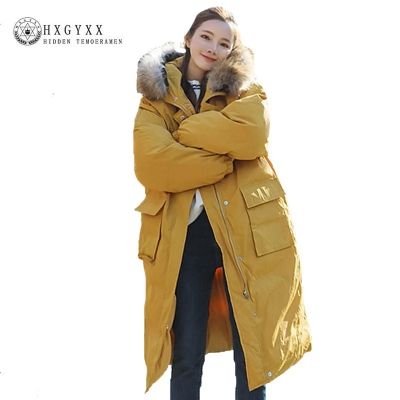 

2019 Winter Korean Style Loose Plus Size Big Hair Collar Cotton Padded Jacket Women Hooded Student Thicker Long Coat Female J18