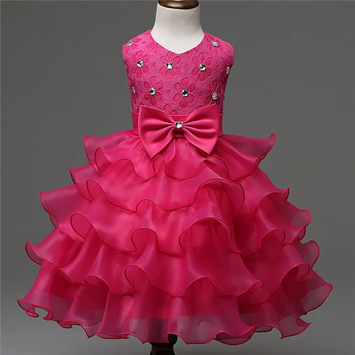 Высококачественные платья для маленьких девочек Детские бусины «бантики» кружевные платья принцессы с оборками милые вечерние Цветочное платье девушки хлопок бант - Цвет: rose red