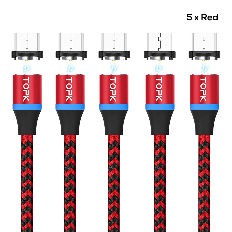 TOPK [5-Pack] RLine-R светодиодный магнитный кабель Micro USB для samsung - Цвет: 5 x Red Cable